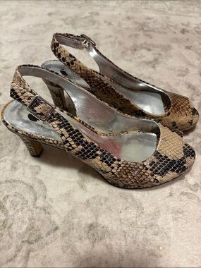 Women’s Snake-Print Slingback Heels in Brown